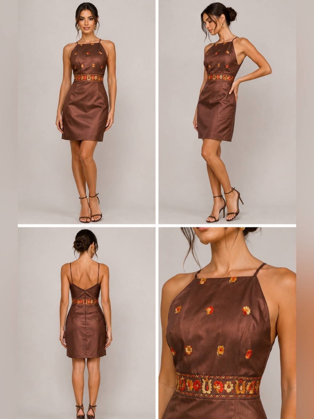 Donna Ricco NWT Sienna Brown Embroidered Halter Neck Sheath Hoco Dress Size 8